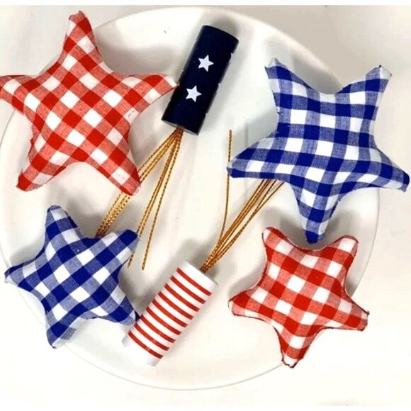 July 4th Patriotic Star Firecracker 6 piece Red White Blue Table Scatter Decor - Picture 1 of 4